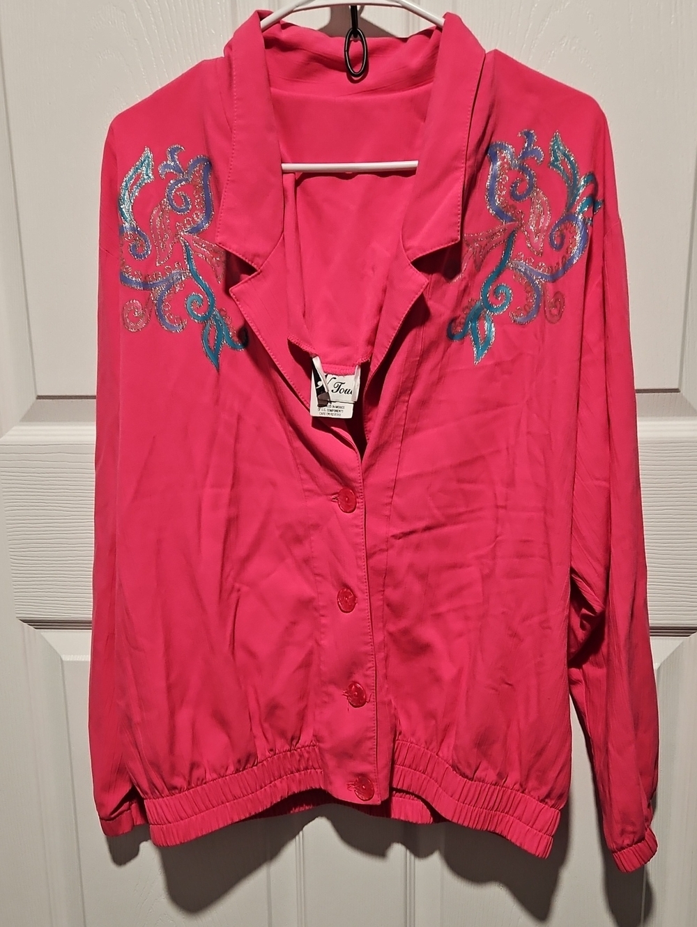 Vtg 80s 90s In Touch Fuchsia Pink Bomber Jacket Sequin Glitter Size 14